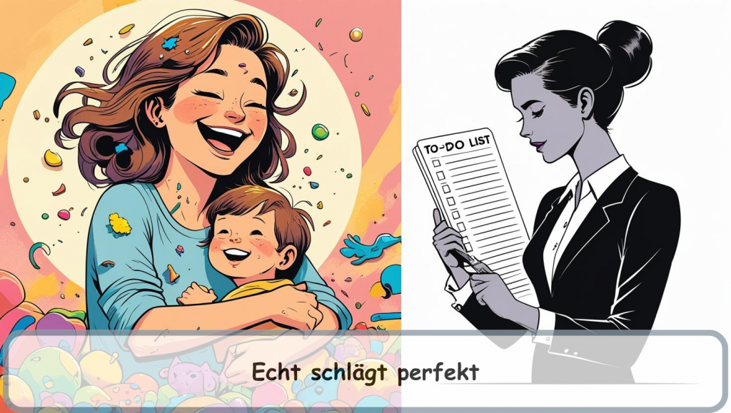 Split-Screen-Illustration: Links eine lachende, zerzauste echte Mama im Hoodie mit Kind auf dem Arm und Spielzeugchaos; rechts eine steif wirkende, perfekt gestylte Mutter vor weißem Hintergrund und endloser To-do-Liste.