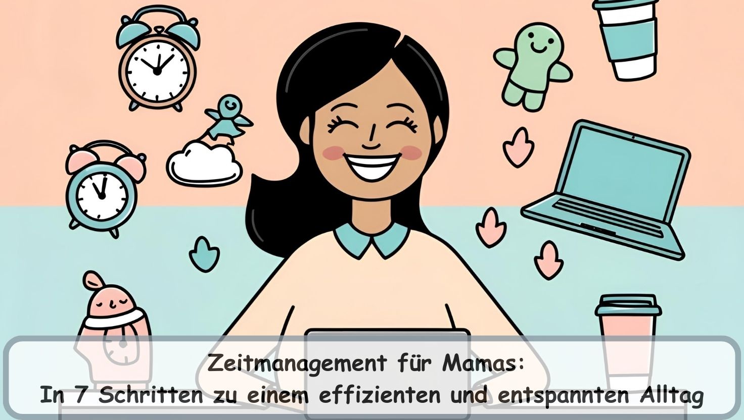 Symbolbild für effizientes Zeitmanagement für Mamas - Mutter jongliert Haushalt, Arbeit und Kinderbetreuung mit einem Lächeln